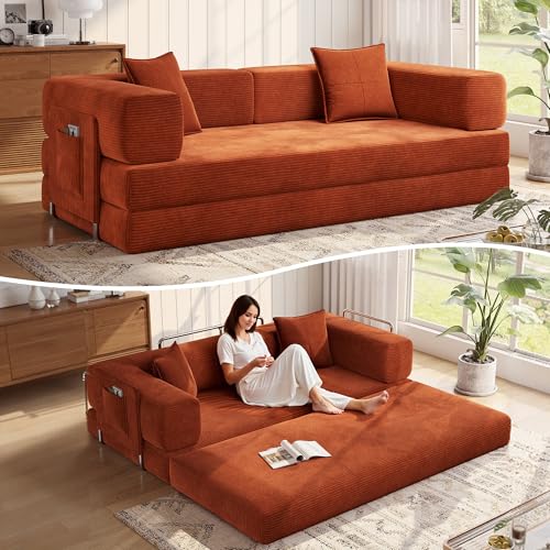 MoonSpeak 78.8''Sleeper Couch Bed for Livingroom，Convertible Modular Sofa with Armrest Pillow，Modular Fldable Corduroy Couches in a Box,No Assembly (Orange)