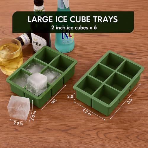 Image of 2PECK Silicone Ice Cube Tray with Lid, Large 6-Cavity Square Ice Cube Moulds for Freezer, Easy Release & Stackable Ice Trays for Whiskey, Cocktails, Beverages, Coffee & Home Bar. (Green)