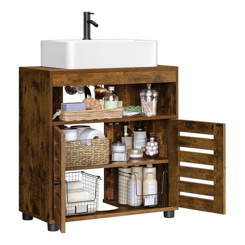 VASAGLE Mueble de Lavabo, Mueble de Baño, Armario de Almacenamiento, 30 x 60 x 64 cm, Apto para Lavabos con Pedestal, con 2 Puertas de Persiana, Tablero Ajustable, Marrón Rústico BBK014K01