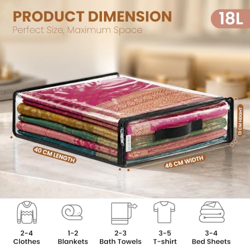 Image of Storite 4 Pack 18L PVC Transparent Foldable Storage Bag with Zipper | Foldable Clothes Organiser for Wardrobe /Garments /Space Saving Storage Box for Sarees /Lehenga /Towel /Toy - 46 X 40 X 13 CM