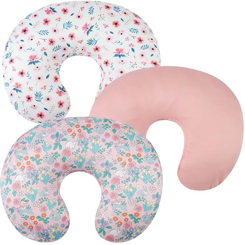 Tontukatu Nursing Pillow Cover Set 3 Pack Nursing Pillow Slipcovers for Moms Breastfeeding Moms Ultra-Soft Stretchy Fit Standard Nursing Pillows Floral Grey Rabbit & Pink
