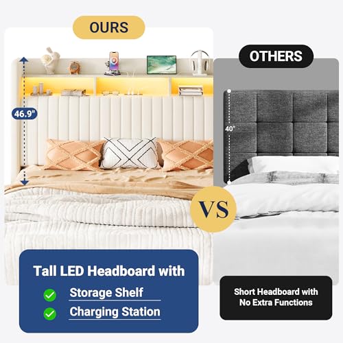 Image of Allewie King Size Lift Up Storage LED Bed Frame, Charging Station, Cream