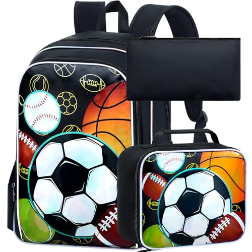 Image of AGSDON 3PCS Boys Backpack, 17 inch Kids Bookbag with Lunch Box for Teen, Multi-Sports Ball Backpacks Water Resistant and Lightweight