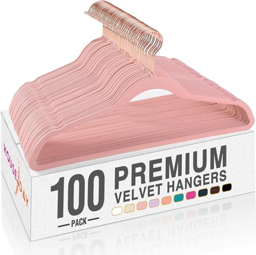 Image of HOUSE DAY Pink Velvet Hangers 100 Pack, Premium Non-Slip Felt Hangers