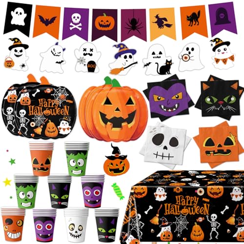 Halloween Party Supplies Kit Includes Pumpkin Shaped Disposable Plates, Napkins, Cups, Banner, Tablecloth for Halloween Birthday Baby Shower Decorations, Serves 24