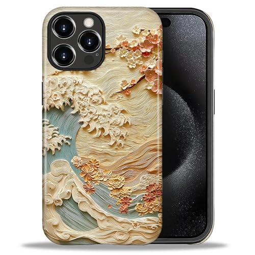 Goodsprout for iPhone 16 Pro Case,Hybrid 2-Layer Hard Shell + Silicone Protective Case -Resistant Shockproof- Retro Wave Peach Blossoms