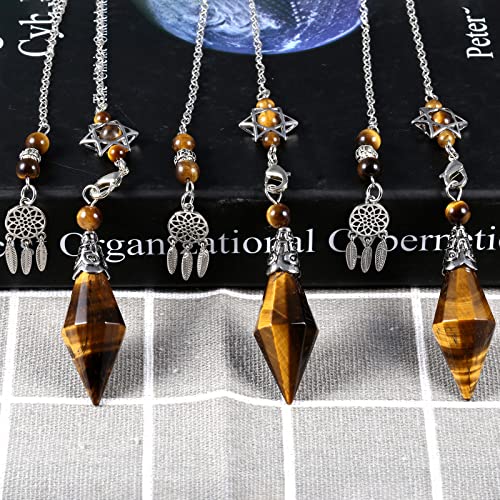Nupuyai Tiger's Eye Crystal Stone Point Pendulum for Divination Scrying Dowsing Healing Stone Pendulum with Merkaba Star Dream Catcher Chain - Image 3