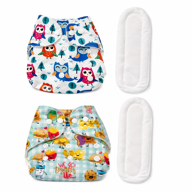 Leakage Proof Reusable Baby Cloth Diaper with 5 Layer Soft Insert Pad, Adjustable High Absorbent Washable Nappy for 0-24 Months Babies, Owl and Funny Cartoon Print, White Sky Blue, Set of 2-image-43