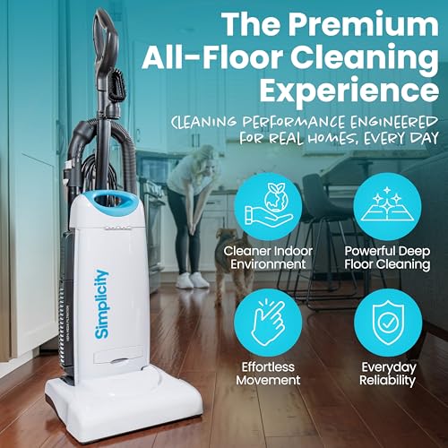 Image of Simplicity Vacuums Premium Allergy Upright Vacuum Cleaner - Multi-Surface Bagged Vacuum Cleaner for Home with Charcoal HEPA Filter Media, Powerful Pet Hair Pickup, Brushroll Activation Switch, S26