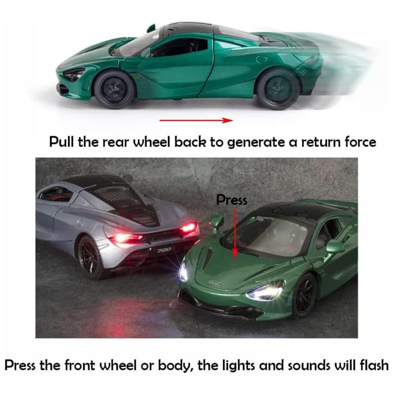 Image of Kids Model 1:32 Mc-Laren 720s Die Cast Metal Car Pull Back Action Opening Doors with Realistic Engine Sound Lights Toy Car Gift for Boys - Green