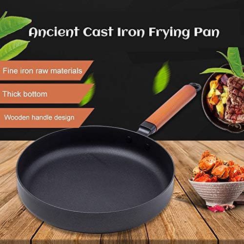 Ancient Pharaoh Iron Pan Household Mini Frying Non-Stick Cast Iron Pan Multi-Function Wok Pizza Pans Wooden Flat Bottom,