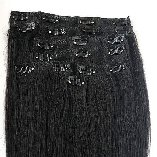 22 Inch Clip In Remy Human Hair Extensions 100g, Stainless Clip On Real Human Hair, 7 Pieces Silky Straight Double Weft, Jet Black (Clip In 22