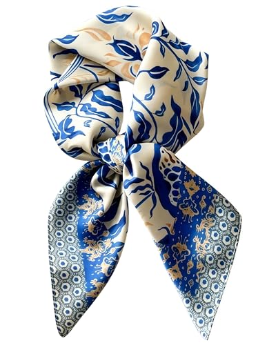 Seelsetudo Satin Scarves for Women - 27.5inches Square Elegant Silk Feeling Scarf for Head Neck Hair (Blue)