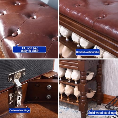 Banc à chaussures en bois marron 90 cm avec rangement caché