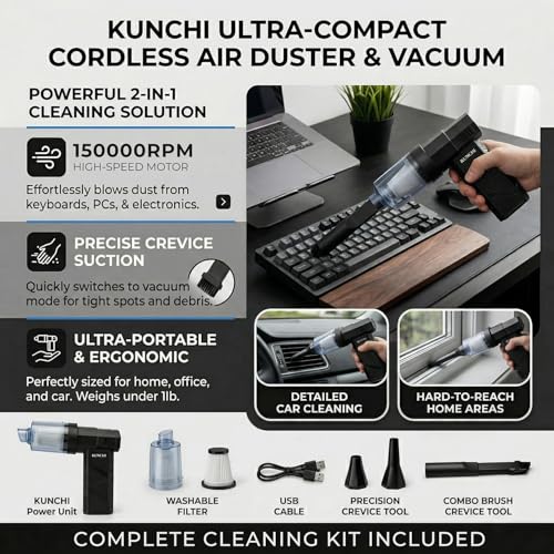 Image of KUNCHI 2-in-1 Cordless Portable Vacuum Cleaner & Air Blower | 8000mAh Rechargeable Battery | 150000 RPM Voilent Fan | High-Speed BLDC Motor | USB Type-C Charging|Car, Laptop, Sofa & Home Cleaning (X6)