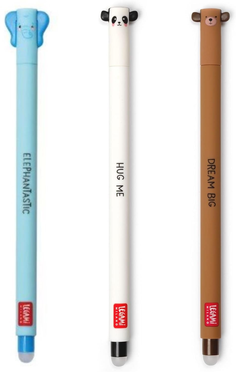 Legami - Juego de 3 bolígrafos de gel borrables, elefante, panda, oso