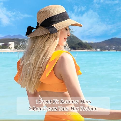 Image of Beach Hats for Women - Sun Hat Womens, Wide Brim Straw Womens Sun Hat with Wind Lanyard Roll Up Foldable UV Protection