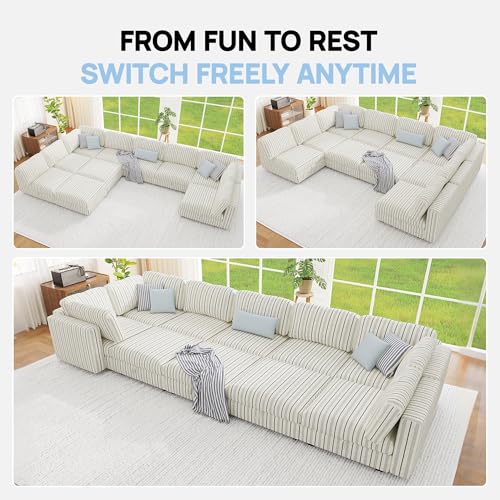 Image of 99 inch Cotton Linen Modular Sectional Sofa Bed with Hidden Storage, 10 Seat Convertible L U Shaped Sleeper Couch with Ottoman Chaise, Farmhouse Modular Sectional Couch with Removable Cover for LivingRoom