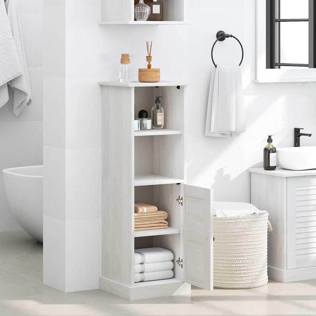 VIGO - Armadietto da bagno bianco anticato in legno di pino massiccio, 37 x 34 x 110 cm, con 4 ripiani e porta, per bagno degli ospiti, WC, spazio per ordine e ripiano