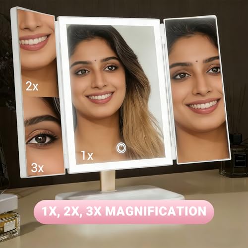 Image of MAYCREATE Tri-Fold LED Makeup Mirror, 90 Swivel Lighted Vanity Mirror with 2X /3X Magnification, 3-Color Dimmable Desk Makeup Mirror, Touch Button, 2400mAh USB Rechargeable Desktop Cosmetic Mirror