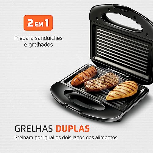 MONDIAL Grill e Sanduicheira Premium, Preto/Inox, 800W, 110V - S-07 glide