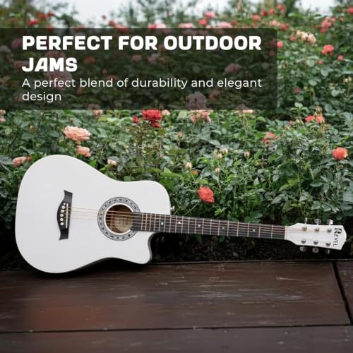 Image of Revel 38 Inch Acoustic Guitar Cutaway Wooden Guitar with High-Gloss Finish, Steel Strings, Smooth Tuning Pegs, Includes Carry Bag, Picks & Sting winder Guitar for Adults. (WHITE)