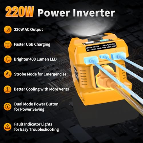 Image of Kzreect 220W Power Inverter Compatible with Dewalt 20V Battery, Tool Only | 110V AC Outlet, 30W USB-C PD, Dual 18W USB-A, 400LM LED Light, Compact Power for Camping, Jobsite & Emergency Backup