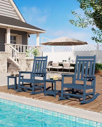 HDPE Rocking Chair Outdoor Set of 2 with Side Table - Poly High Back Porch Rocker Chairs for Adults - All Weather Resistant Furniture for Patio Front Porch - Navy Blue