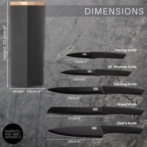 Taylors Eye Witness 5 Piece Knife Block Set – Razor Sharp Black Kitchen Knives with Stylish Hexagonal Block. Stainless Steel Precision, Scratch-Resistant Coated Blades with Soft Touch Handles - Image 3
