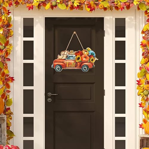 Image of ANGEL INFINITE Hello Fall Wooden Wall Hanging Decor | Premium Harvest Truck Decorative Sign with Pumpkins & Sunflowers | Rustic Autumn Door Hanging for Living Room & Entrance (34x18 cm)