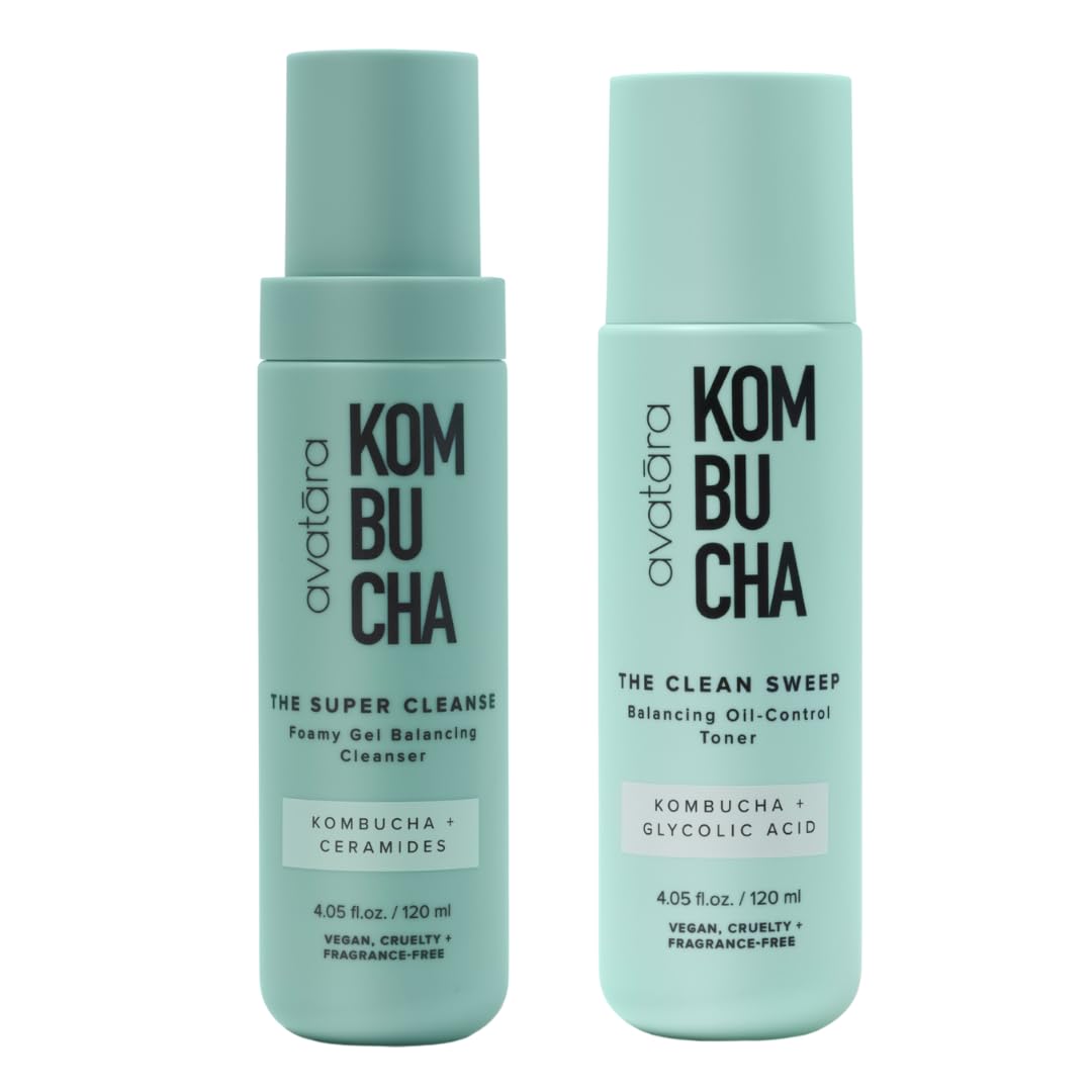 Avatara - Kombucha Cleansing Duo, The Super Cleanse Face Wash + The Clean Sweep Face Toner, Natural Skin-Balancing Cleanser and Face Exfoliator, Hydrating Skincare for Teens, Women, and Men