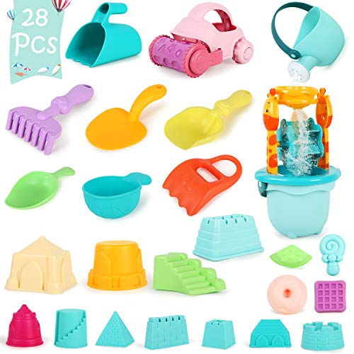 Winload 28 Piezas Conjunto de Juguetes de Playa para niños, con Carro de Playa, Rueda de Agua, Regadera, Herramienta de Pala de Arena, Moldes del Castillo y Bolsa de Red (Color Aleatorio)