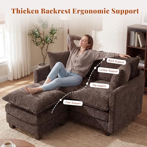 Image of 50'' L-Shape Loveseat Sofa with 22 inch Ottoman, 2 Seat Modern Cloud Couch with 2 Washable Pillows for Small Space Apartment Office Living Room Bedroom, Brown