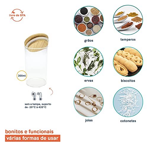 Pote Hermético de Vidro com Tampa de Bambu Flat 300ml - Oikos