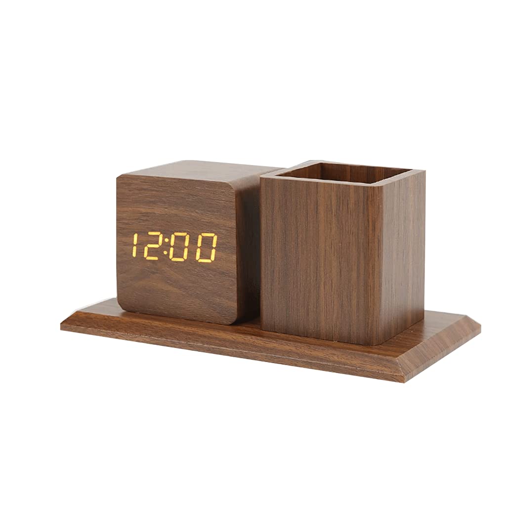 Horloge de Chevet Porte-Stylo en Bois Brun Horloge créative LED réveil numérique réveil Mini Horloge électronique Ornement Bureau Organisateur Crayon Tasse réveil numérique