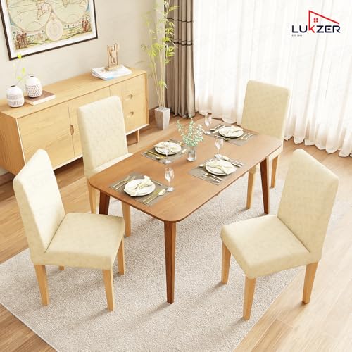 Image of Lukzer Elastic Dining Chair Cover - 6PC Pastel Yellow Basket Weave | Textured High Stretch Jacquard Seat Cover | Removable Washable Short Dining Chair Cover Protector Seat Slipcover | (CC-112-06)
