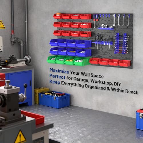 Image of WORKPRO Pegboard Organizer Wall Mounted, 44PC Tool Storage Rack with Bins and Hooks, Peg Board Wall Organizer for Garage Organization, Workshop, Craft Room, Tool Wall Storage System