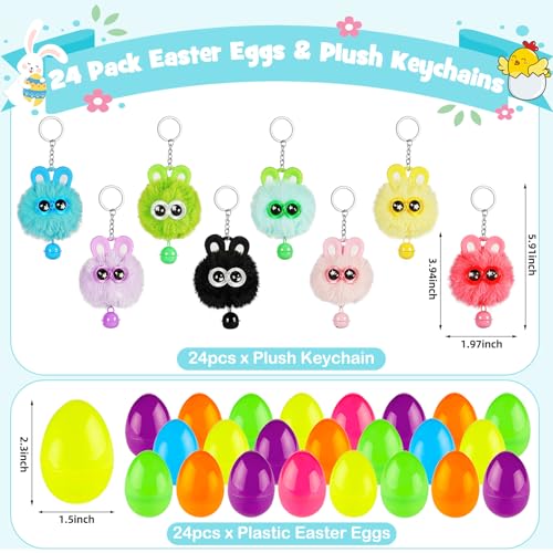 Kederwa 24 Pack Prefilled Easter Eggs with Bunny Keychains for Kids