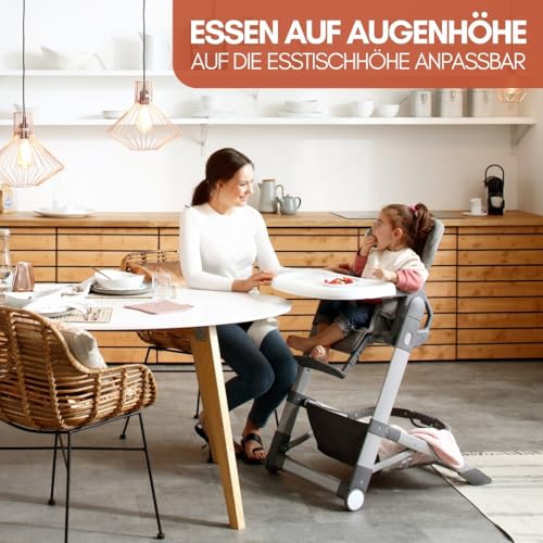 hauck Baby Hochstuhl Grow Up mit Liegefunktion ab Geburt - Babystuhl mit Tisch, Rollen, klappbar, mitwachsend und höhenverstellbar - Grau Melange