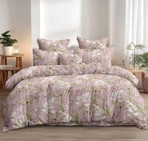Image of DECOR2ADMIRE 300 TC Super King Size Glace Cotton Printed Bedsheet with 2 Pillow Covers - 108 inch x 108 inch (275cm x 275cm) - Available in Multiple Elegant Designs (Blush Botanical Elegance)