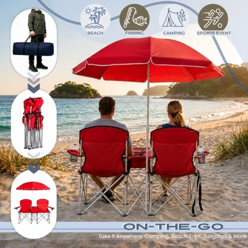 Sillas dobles CozyBox para campamento, plegables, portátiles, con paraguas, bolsa térmica y portavasos, para camping y pesca, color rojo miniatura 5