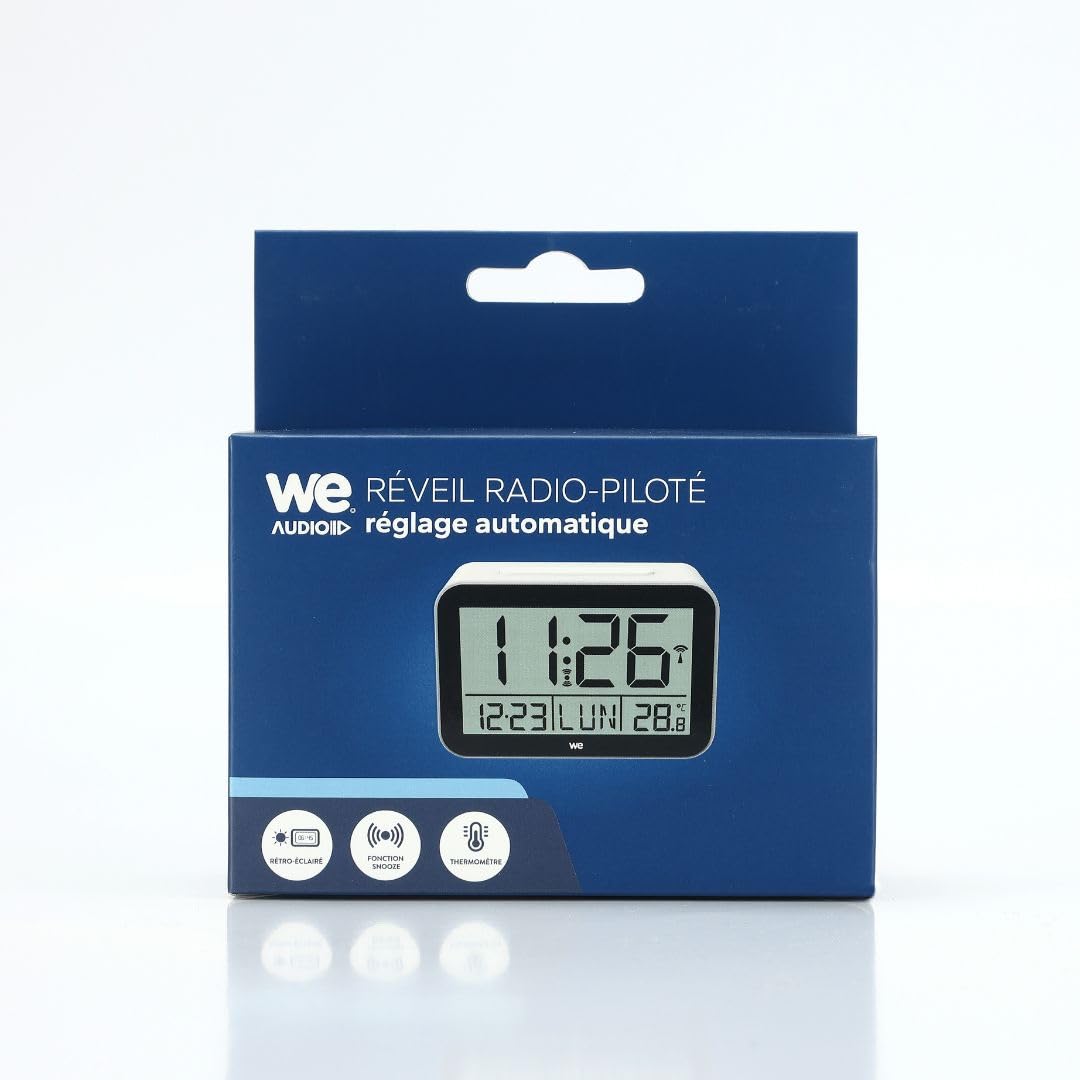WE Reloj despertador digital con radio, pantalla retroiluminada, hora de visualización, fecha y temperatura, funciona con pilas