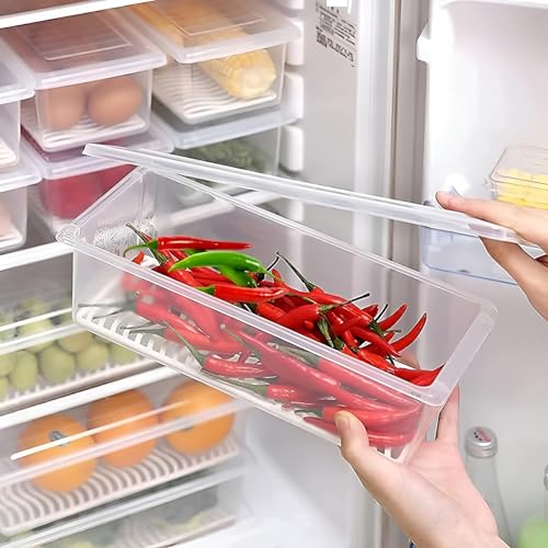 Image of Plastic Transparent Fridge Storage Boxes Organizer with Removable Drain Plate Storage Containers Box Keeps Fruits, Vegetables, Meat, Fish Fresh Longer (White, 1500-ML, Medium, Pack of 1)