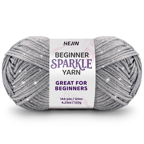 120g Silver Sparkle Yarn for Crocheting and Knitting; 120m(144yds) for Beginners with Easy-to-See Stitches; Worsted-Weight Medium #4; Yarn for Beginners Crochet Kit Making