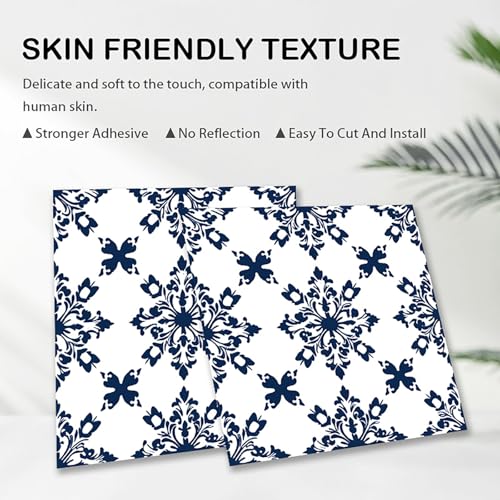 Image of Nuxovilar Peel and Stick Vinyl Floor Tiles, 11.8 inchx11.8 inch | Navy Blue Damask Pattern, 10-Pack Self-Adhesive Flooring