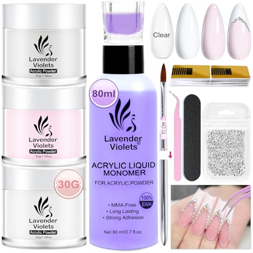 Lavender Violets Acrylic Nail Kit 30g x3 Clear,White,Pink Acrylic powder and monomer Liquid Set 80ml 3D Carving French Nail Art Brush,Rhinestones,Strengthen Nail Forms,Dappen Dish,Tweezers File N301