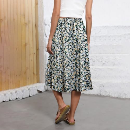 Floral Skirts for Women Midi Length Vintage Drawstring High Waisted A Line Skirt Flowy Boho Midi Skirt with Pockets2