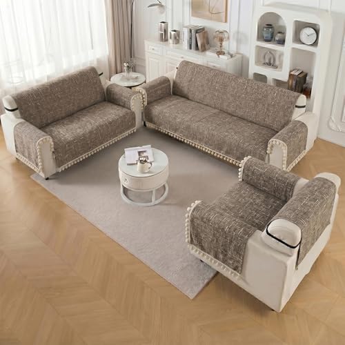 Image of Story@Home Chenille Sofa Cover 3 Seater Fully Covered with Back Covers (152x178Cm) & Arm Rest Covers| Anti Slip Sofa Mat for 1 /2 /3 Seater & L Shape Sofa Cover - Caramel & Cream