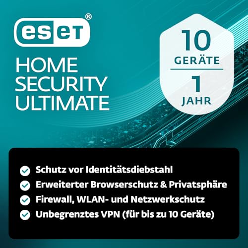 ESET HOME Security Ultimate 2026 | 10 Geräte | 1 Jahr | inklusive Firewall, Datenverschlüsselung, Ransomware-Behebung und VPN | Windows, macOS, Android und iOS Apps | Aktivierungscode per E-Mail
