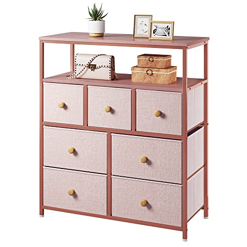 Image of EnHomee Pink Dresser Girls Bedroom Dressers & Chest Drawers 7 Drawer Dressser Shleves Dresser Girls Bedroom,Closet,Clothes,Nursery,Wooden Top & Metal Frame Pink 7U7 31.5''Wx12''Dx37.5''H